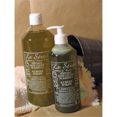 Savon de Marseille liquide Végétal Olive parfumé aux huiles essentielles de Lavandin flacon 1 Litre